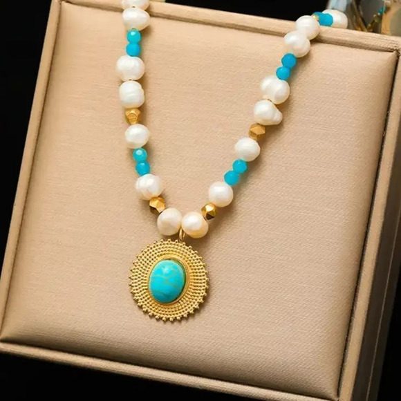 Medallion Turquoise 18K Gold Stainless Steel Waterproof Necklace - Picture 1 of 10